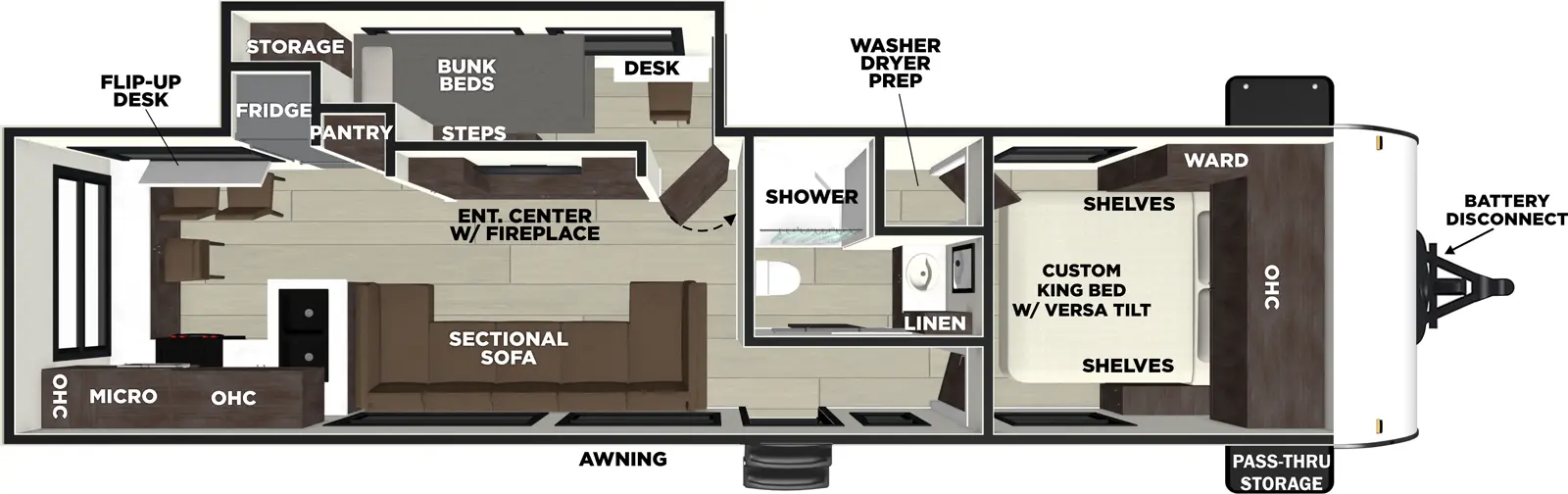 The Wildwood 290ZEN floorplan has one entry and one slide out. Exterior features include: fiberglass exterior, 20' awning and outside kitchen. Interiors features include: bunk beds, rear kitchen and front bedroom.